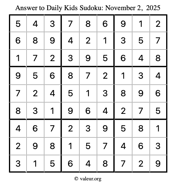 Answer to kids sudoku November 2, 2025
