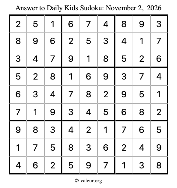 Answer to kids sudoku November 2, 2026