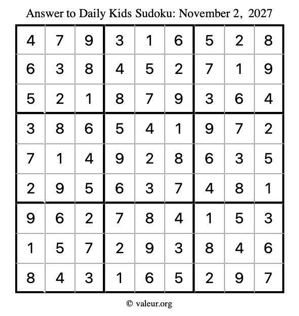 Answer to kids sudoku November 2, 2027