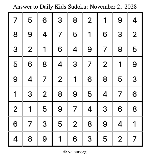 Answer to kids sudoku November 2, 2028