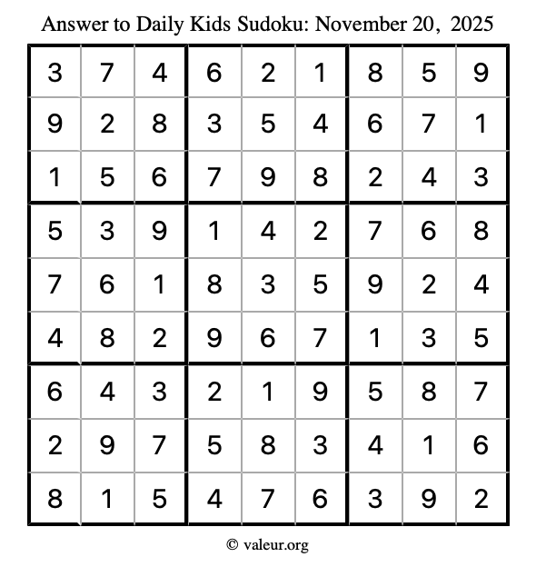 Answer to kids sudoku November 20, 2025
