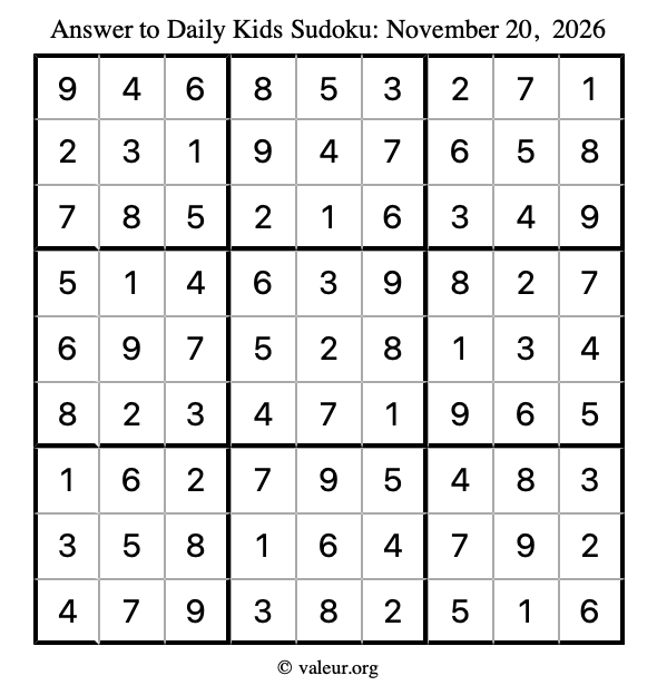 Answer to kids sudoku November 20, 2026