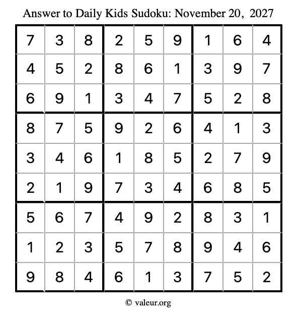 Answer to kids sudoku November 20, 2027
