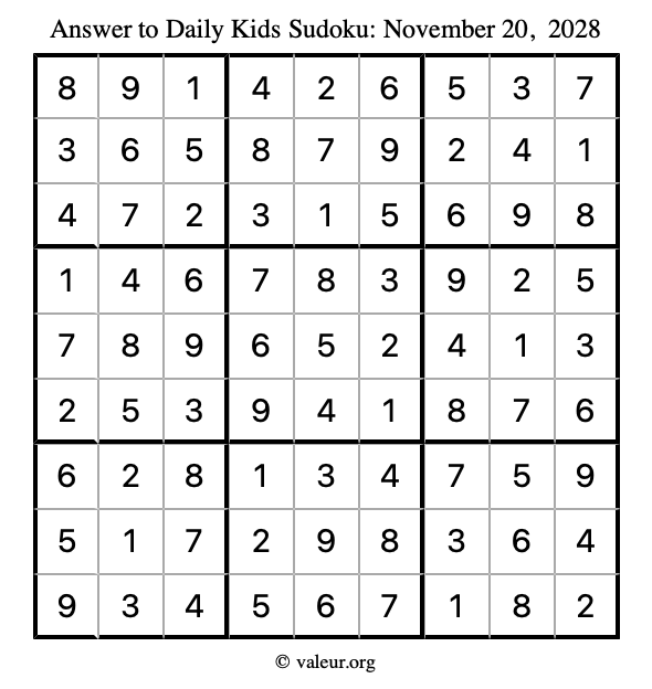 Answer to kids sudoku November 20, 2028