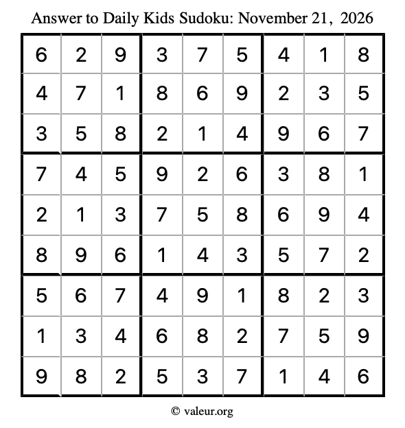 Answer to kids sudoku November 21, 2026