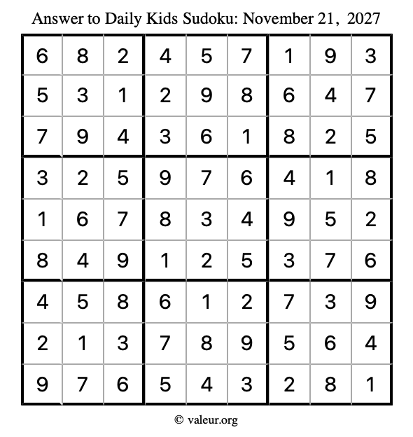 Answer to kids sudoku November 21, 2027