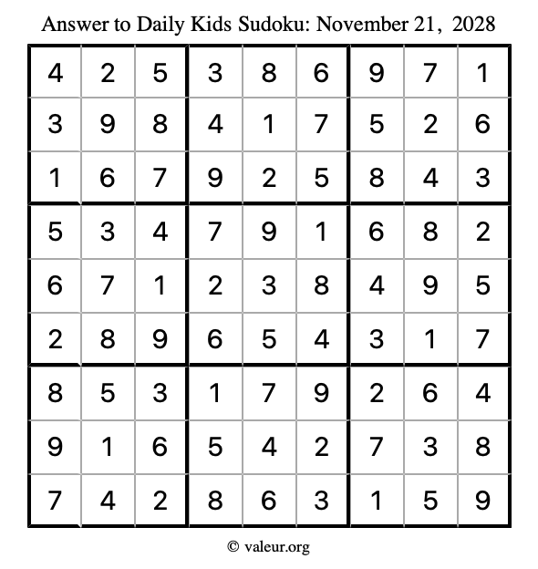 Answer to kids sudoku November 21, 2028