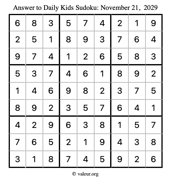 Answer to kids sudoku November 21, 2029
