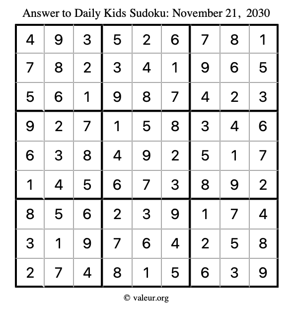 Answer to kids sudoku November 21, 2030