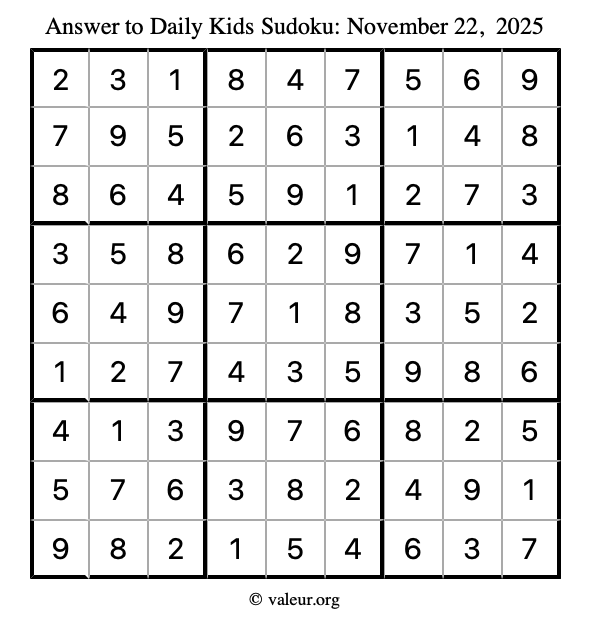 Answer to kids sudoku November 22, 2025