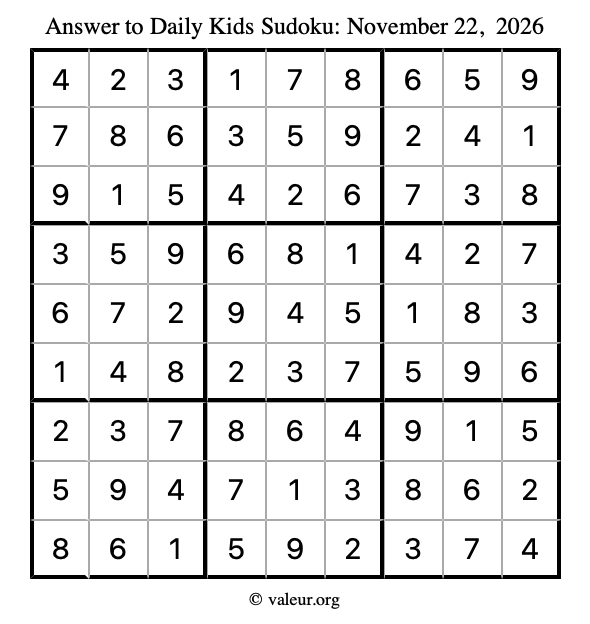 Answer to kids sudoku November 22, 2026