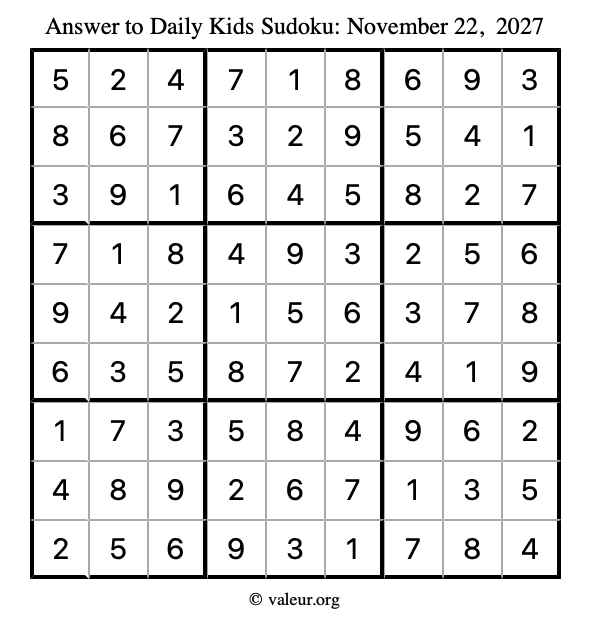 Answer to kids sudoku November 22, 2027