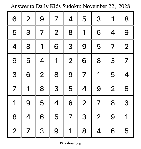 Answer to kids sudoku November 22, 2028