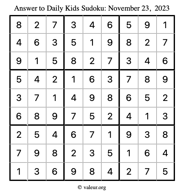 Answer to kids sudoku November 23, 2023