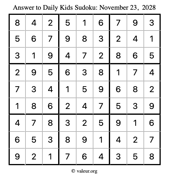 Answer to kids sudoku November 23, 2028