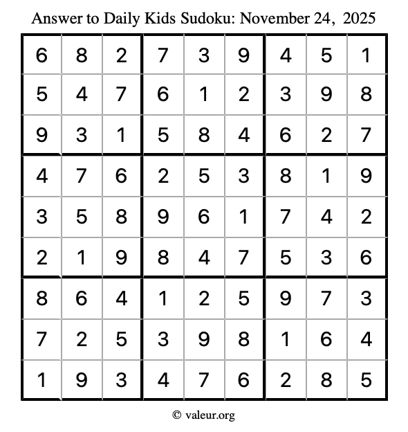 Answer to kids sudoku November 24, 2025