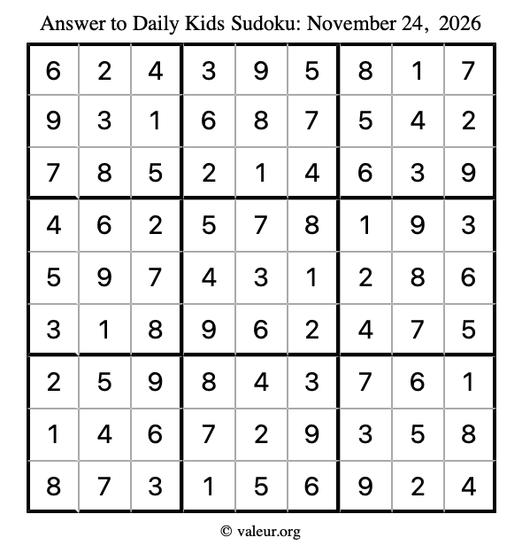 Answer to kids sudoku November 24, 2026