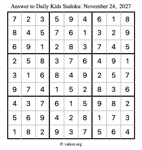 Answer to kids sudoku November 24, 2027