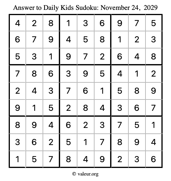 Answer to kids sudoku November 24, 2029