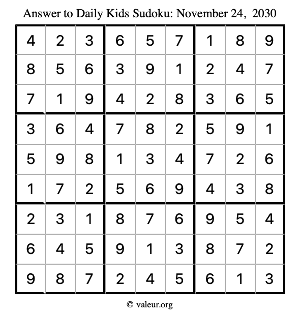 Answer to kids sudoku November 24, 2030