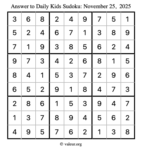 Answer to kids sudoku November 25, 2025