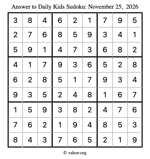 Answer to kids sudoku November 25, 2026