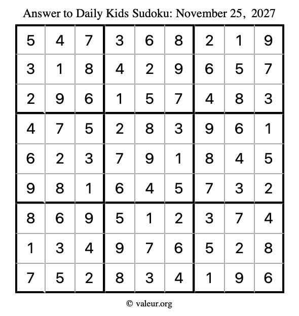 Answer to kids sudoku November 25, 2027