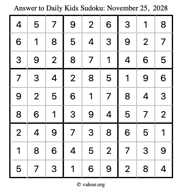 Answer to kids sudoku November 25, 2028