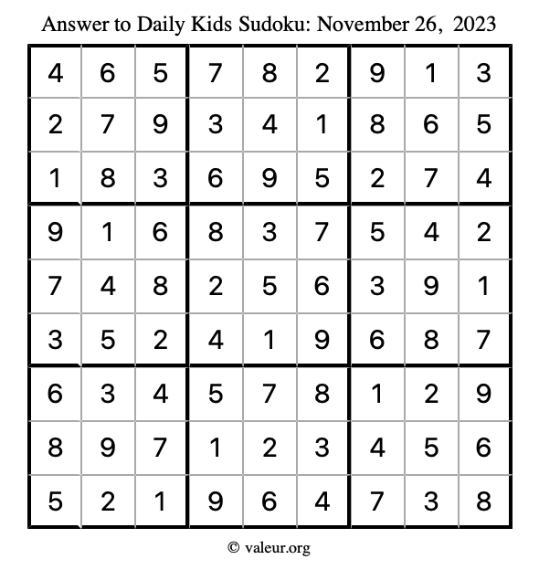 Answer to kids sudoku November 26, 2023