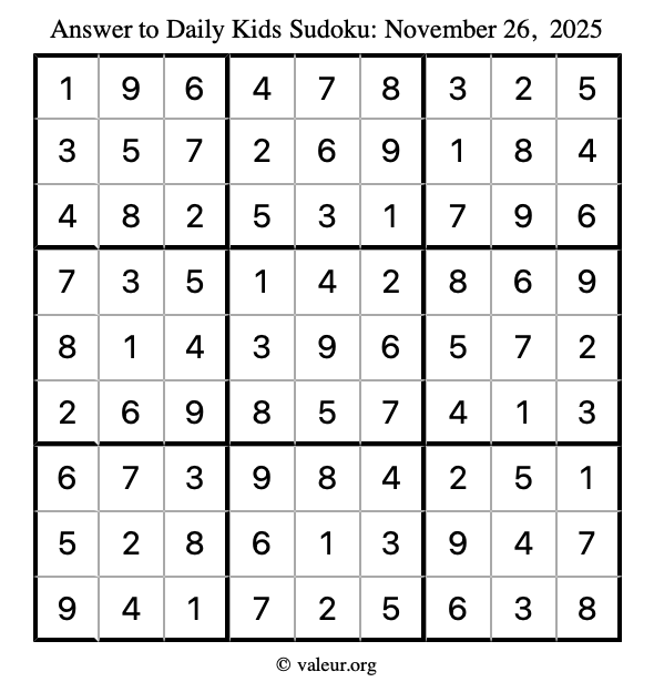 Answer to kids sudoku November 26, 2025