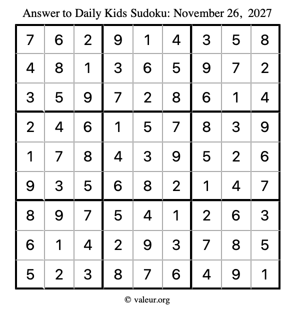 Answer to kids sudoku November 26, 2027