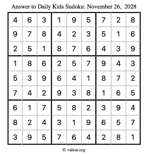 Answer to kids sudoku November 26, 2028