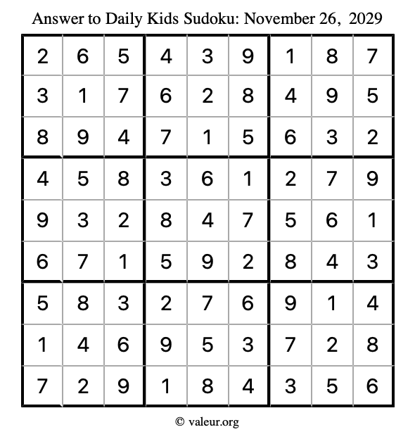 Answer to kids sudoku November 26, 2029
