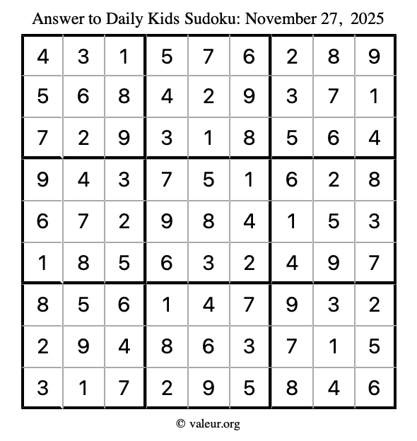 Answer to kids sudoku November 27, 2025