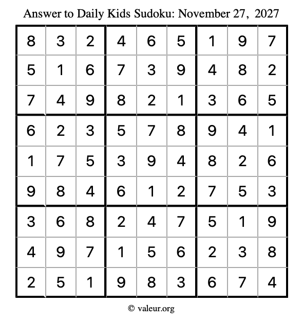 Answer to kids sudoku November 27, 2027
