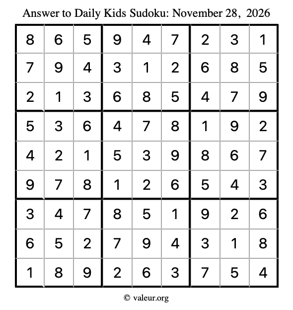 Answer to kids sudoku November 28, 2026