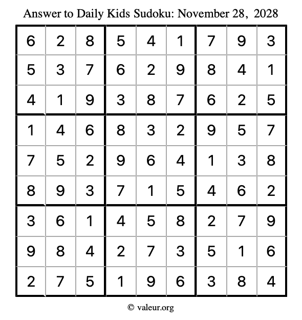 Answer to kids sudoku November 28, 2028