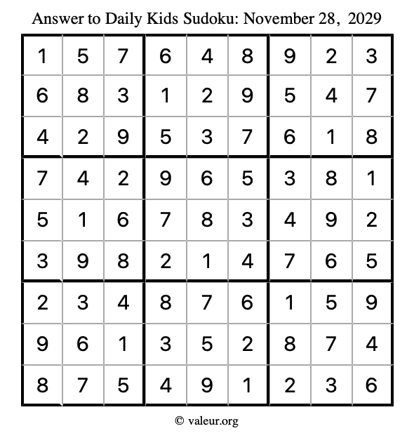 Answer to kids sudoku November 28, 2029