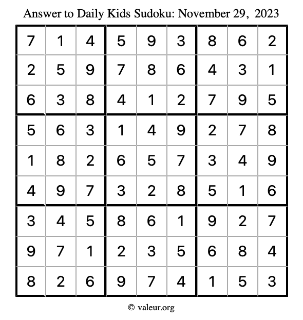 Answer to kids sudoku November 29, 2023