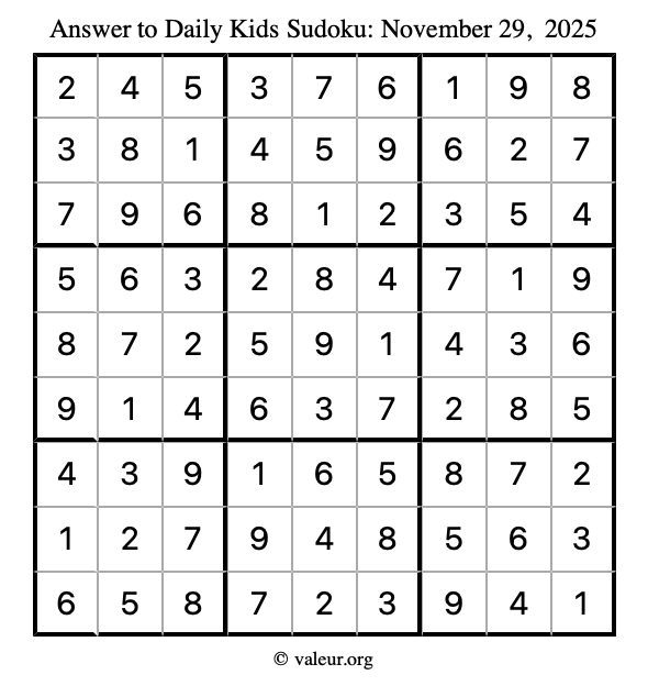 Answer to kids sudoku November 29, 2025