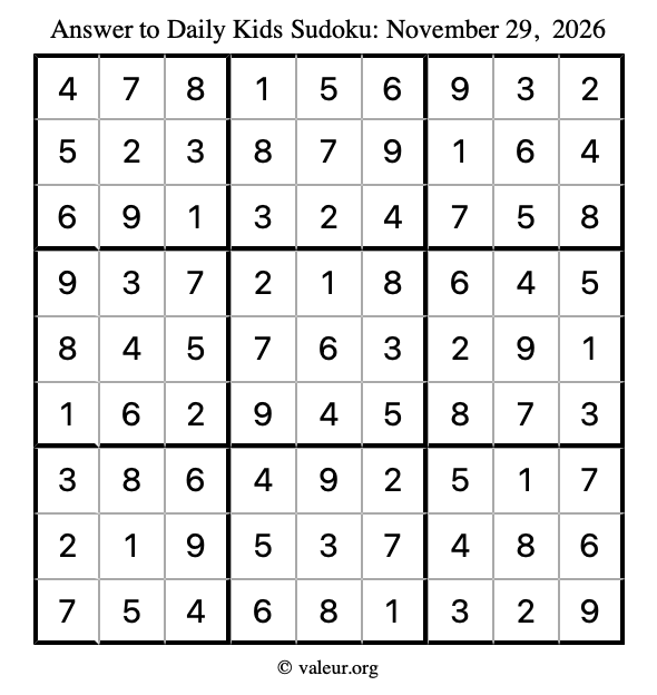 Answer to kids sudoku November 29, 2026
