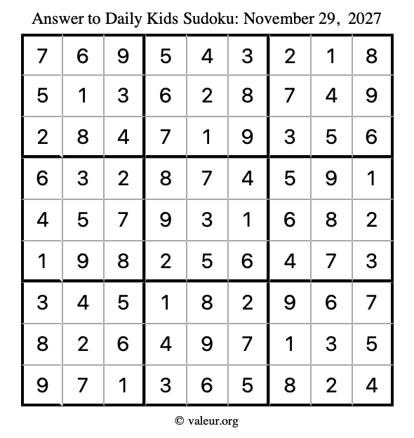 Answer to kids sudoku November 29, 2027