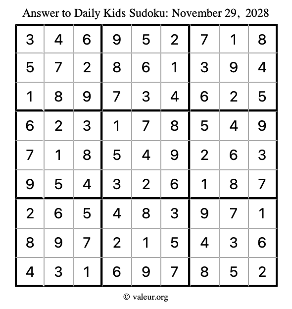 Answer to kids sudoku November 29, 2028