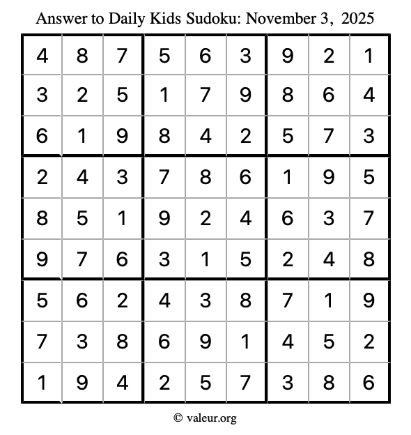 Answer to kids sudoku November 3, 2025