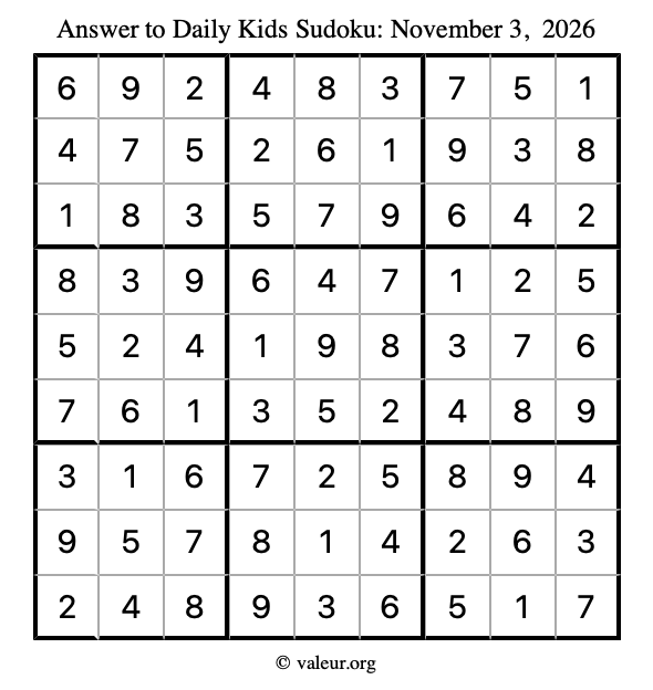 Answer to kids sudoku November 3, 2026