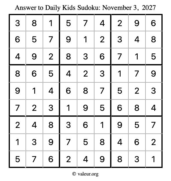 Answer to kids sudoku November 3, 2027