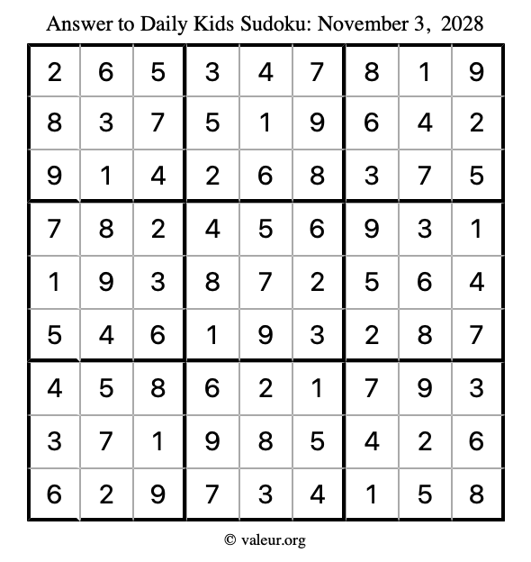 Answer to kids sudoku November 3, 2028