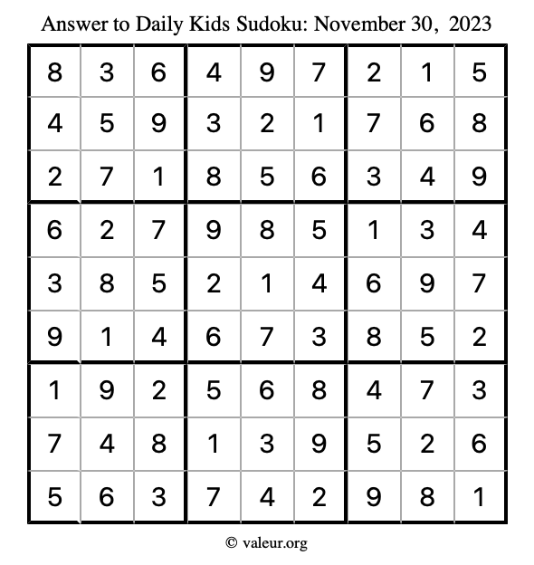 Answer to kids sudoku November 30, 2023