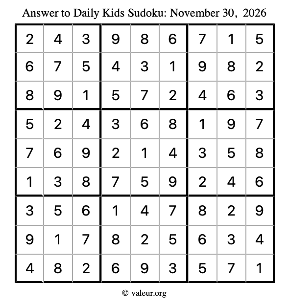Answer to kids sudoku November 30, 2026