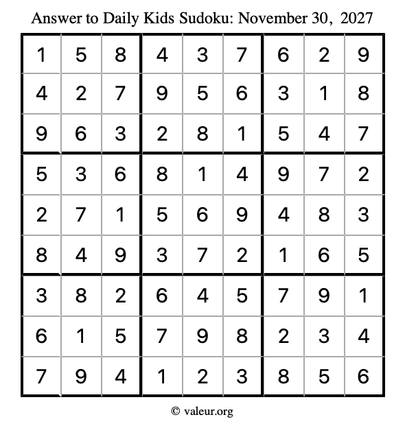 Answer to kids sudoku November 30, 2027